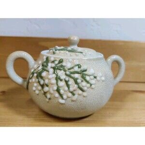 Vintage Japan Moriage Style Sugar Bowl W Lid Sharkskin Texture Beige Green White